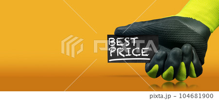 Gloved Hand Holding a Best Price Sign on an Orange Background 104681900