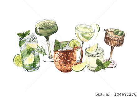 Watercolor banner cocktail glasses: martini, gin, margarita, mojito,matcha tini, moscow mule. Hand-drawn illustration isolated on white background. Perfect for recipe lists with alcoholic drinks 104682276