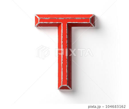 Letters made of red painted metal with scratched borders Letters made of red painted metal with scratched borders 104683162