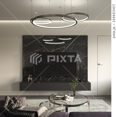Living room interior design and mock up tv wall background. 3d rendering scene. High quality illustration 104683407