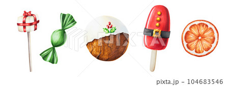 Watercolor Christmas sweet illustrations. New year hand painting isolated ice cream, orange slice, gingerbread on white background. For designers, food decoration, menu, shop, for postcards, wrapping Watercolor Christmas sweet illustrations. New year hand painting isolated ice cream, orange slice, gingerbread on white background. For designers, food decoration, menu, shop, for postcards, wrapping 104683546