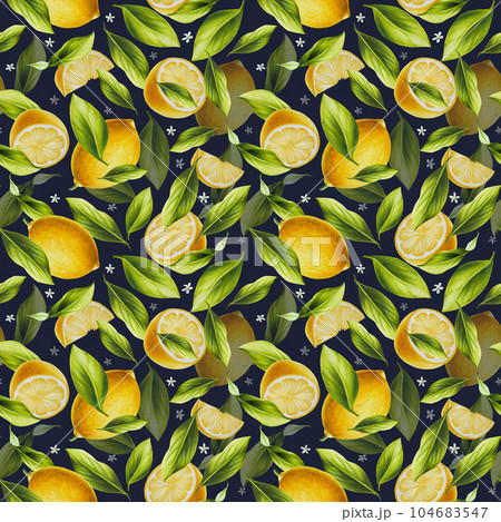 Watercolor seamless pattern with fresh ripe lemon with bright green leaves and flowers. Hand drawn cut citrus slices painting on white background. For designers, postcards, party Invitations, wrapping 104683547