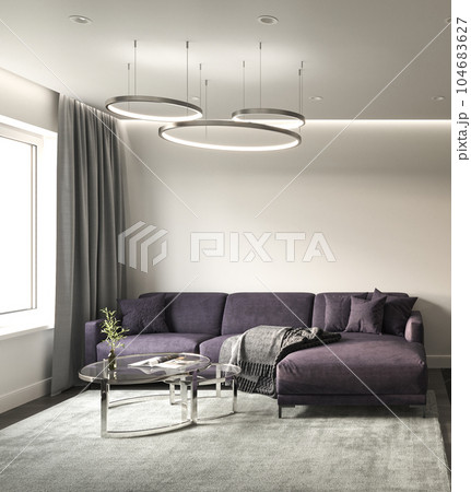 Living room with dark wooden floor and black kitchen on background. Front view empty mockup wall. High quality illustration 3d rendering 104683627