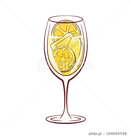 Hugo spritz cocktail with lime slice and ice cubes in line art cartoon style. Summer italian alcohol drink with liqueur, prosecco and sparkling soda water. Vector illustration isolated on a white Hugo spritz cocktail with lime slice and ice cubes in line art cartoon style. Summer italian alcohol drink with liqueur, prosecco and sparkling soda water. Vector illustration isolated on a white 104684599