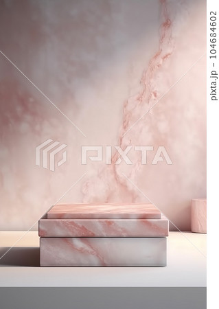 Light pink and golden product presentation mock-up. Marble podium with copy space. Stage, display, showroom. Empty scene. Generative AI. Illustration. Light pink and golden product presentation mock-up. Marble podium with copy space. Stage, display, showroom. Empty scene. Generative AI. Illustration. 104684602