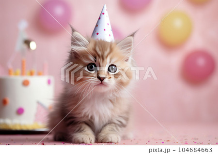 Cute kitten and birthday cake. Cat birthday party. Ai generative 104684663