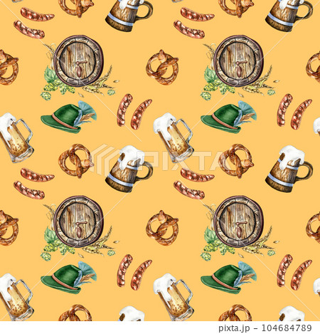Wooden beer barrel and mug, german hat watercolor seamless pattern isolated on beige. Hop, wheat ear, pretzel, sausages hand drawn. Design for brewing, wrapping, label, packaging, paper, background Wooden beer barrel and mug, german hat watercolor seamless pattern isolated on beige. Hop, wheat ear, pretzel, sausages hand drawn. Design for brewing, wrapping, label, packaging, paper, background 104684789