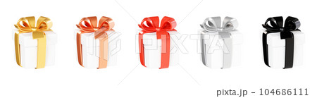 White gift box with various ribbon and bow 3d render illustration collection - red, golden and black decoration for holiday congratulation or sale banner. Closed present package. 104686111