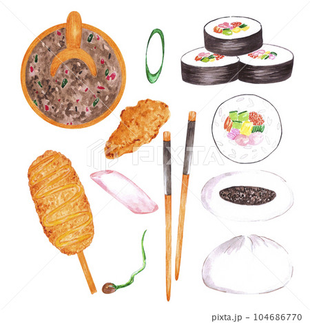 Hand drawn watercolor korean street food set isolated on white background. Can be used for label, banner, post card and other printed products. 104686770
