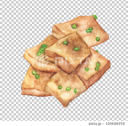 Fried tofu with onion, Watercolor Hand painted illustration. Fried tofu with onion, Watercolor Hand painted illustration. 104686958