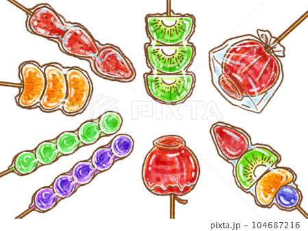 お祭り屋台のフルーツ飴色々_進化系フルーツ飴_フルーツ飴の集中線 104687216