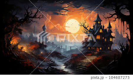 ハロウィンをイメージした古い屋敷の水彩画