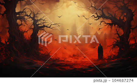 ハロウィンをイメージした古い屋敷の水彩画