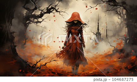 ハロウィンをイメージした若い女性魔女の水彩画