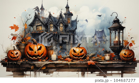 ハロウィンをイメージした古い屋敷の水彩画