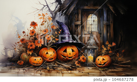 ハロウィンをイメージした古い屋敷の水彩画