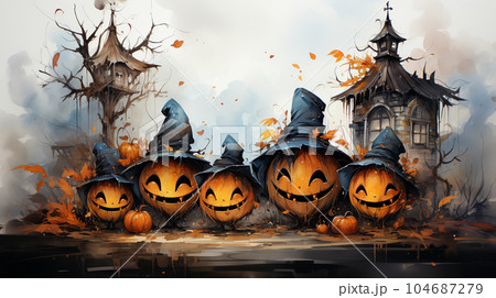 ハロウィンをイメージした古い屋敷の水彩画