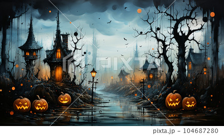 ハロウィンをイメージした古い屋敷の水彩画