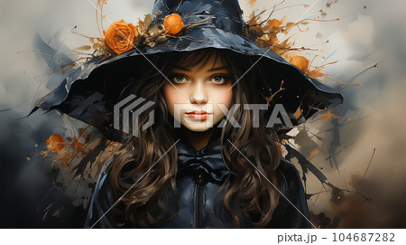 ハロウィンをイメージした若い女性魔女の水彩画