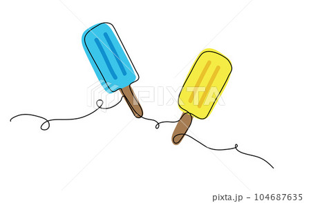Two ice creams on stick vector iliustration in Ukrainian colors yellow and blue. One line art drawing ice cream print 104687635