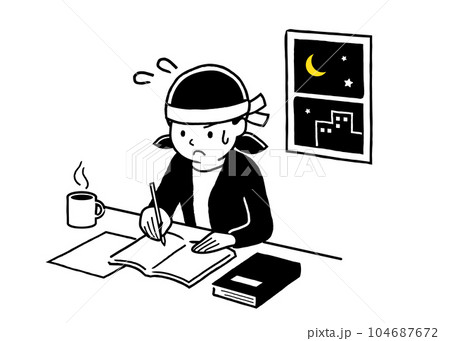 ベクターイラスト素材：徹夜で勉強する10代、女子、学生 104687672