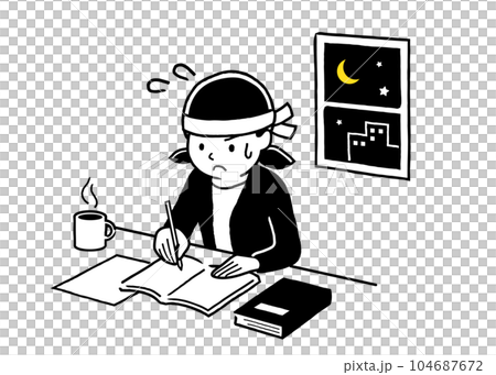 ベクターイラスト素材：徹夜で勉強する10代、女子、学生 104687672