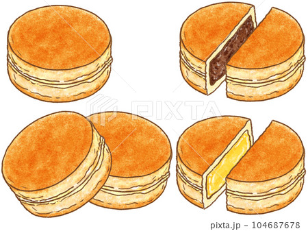いろいろな名前で呼ばれる丸い焼いた和菓子_今川焼き_大判焼き_二重焼き_回転焼き いろいろな名前で呼ばれる丸い焼いた和菓子_今川焼き_大判焼き_二重焼き_回転焼き 104687678