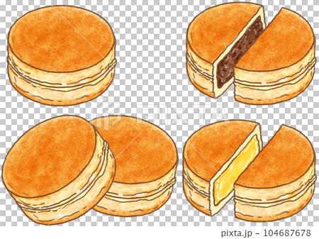 いろいろな名前で呼ばれる丸い焼いた和菓子_今川焼き_大判焼き_二重焼き_回転焼き いろいろな名前で呼ばれる丸い焼いた和菓子_今川焼き_大判焼き_二重焼き_回転焼き 104687678