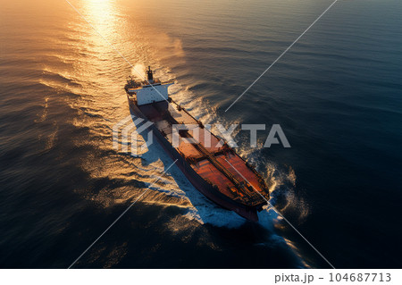 An aerial view of a dry cargo ship moving on the high seas during sunset. An aerial view of a dry cargo ship moving on the high seas during sunset. 104687713