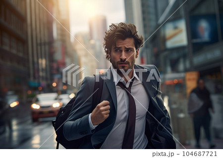 Young ambitious businessman hurries to work. Young ambitious businessman hurries to work. 104687721