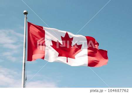 カナダ国旗のイメージ（青空、正面）　AI生成 104687762