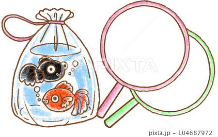 金魚すくい_ポイと持ち帰りビニールに入った金魚二匹 金魚すくい_ポイと持ち帰りビニールに入った金魚二匹 104687972