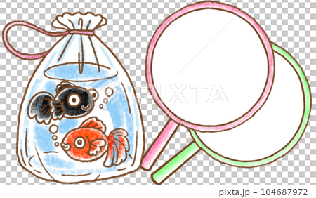 金魚すくい_ポイと持ち帰りビニールに入った金魚二匹 金魚すくい_ポイと持ち帰りビニールに入った金魚二匹 104687972