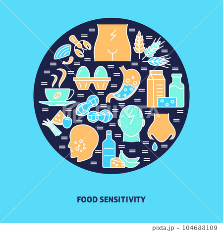 Food allergy round concept banner template in colored line style 104688109