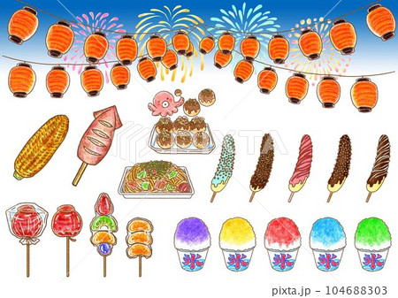 お祭り屋台グルメと提灯と花火_横長セット_背景花火の夜景あり お祭り屋台グルメと提灯と花火_横長セット_背景花火の夜景あり 104688303