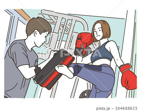 格闘技のキックをする若い女性とトレーナー 104688615