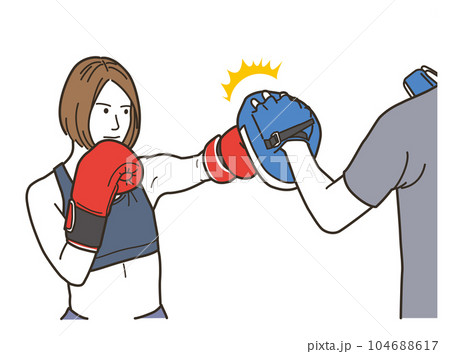 格闘技のパンチをする女性と男性トレーナー 104688617