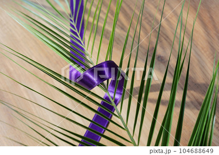 Cross with purple sash and palm leaf on wooden background. Ash Wednesday, Lent season, Holy Week, Good Friday and Palm Sunday concept. Cross with purple sash and palm leaf on wooden background. Ash Wednesday, Lent season, Holy Week, Good Friday and Palm Sunday concept. 104688649