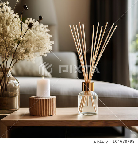 Reed diffuser bottle mockup, aroma diffuser in luxurious beige and brown home interior decor, front view Reed diffuser bottle mockup, aroma diffuser in luxurious beige and brown home interior decor, front view 104688798