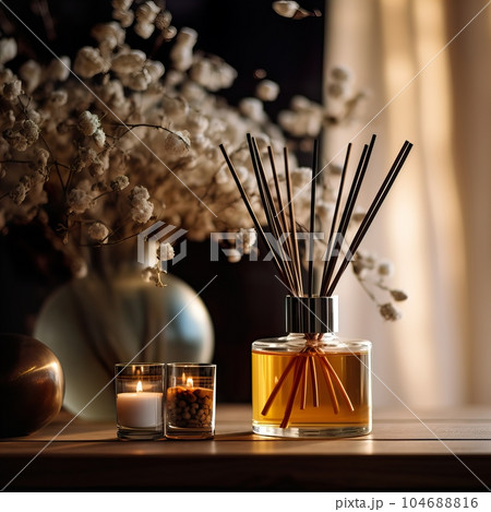 Reed diffuser bottle mockup, aroma diffuser in luxurious beige and brown home interior decor, front view Reed diffuser bottle mockup, aroma diffuser in luxurious beige and brown home interior decor, front view 104688816