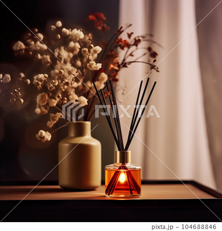 Reed diffuser bottle mockup, aroma diffuser in luxurious beige and brown home interior decor, front view Reed diffuser bottle mockup, aroma diffuser in luxurious beige and brown home interior decor, front view 104688846