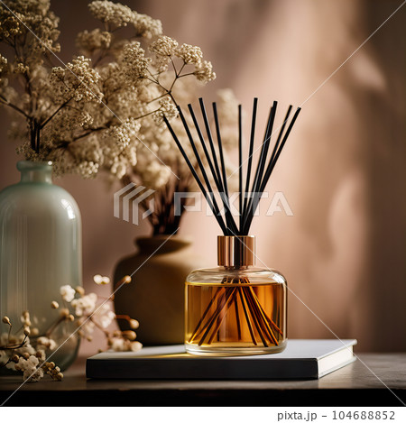 Reed diffuser bottle mockup, aroma diffuser in luxurious beige and brown home interior decor, front view Reed diffuser bottle mockup, aroma diffuser in luxurious beige and brown home interior decor, front view 104688852