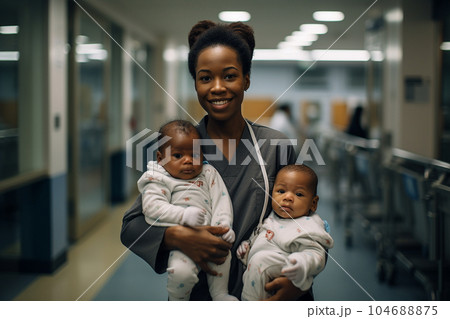Smiley young woman with a twins in a hospital. 104688875