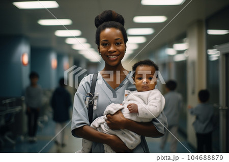 Young black woman with a baby in a hospital corridor. 104688879