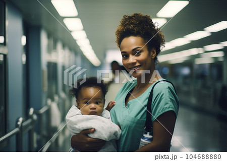 Smiley young black woman with a baby in a hospital corridor. 104688880