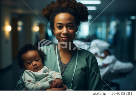 Young black woman with a baby in a hospital. 104688881