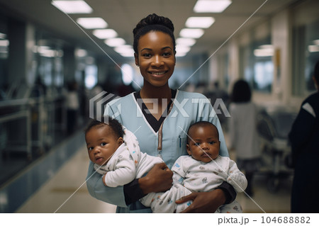 Smiley young woman with a twins in a hospital corridor. 104688882