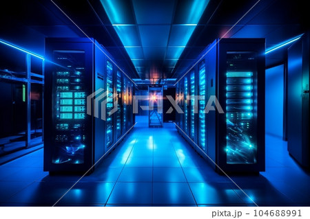暗いサーバーマシンとサーバールームのイメージ（水色とオレンジのライト）　AI生成 104688991