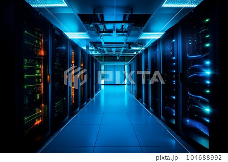 暗いサーバールームのイメージ(水色、オレンジ、緑色のライト) AI生成 暗いサーバールームのイメージ(水色、オレンジ、緑色のライト) AI生成 104688992