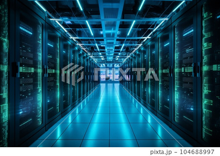 暗いサーバールームのイメージ(水色と緑色のライト) AI生成 暗いサーバールームのイメージ(水色と緑色のライト) AI生成 104688997